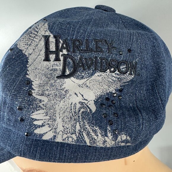 Harley Davidson Blue Denim Newsboy Gatsby Women's Hat Cap Medium Studded - Picture 2 of 13